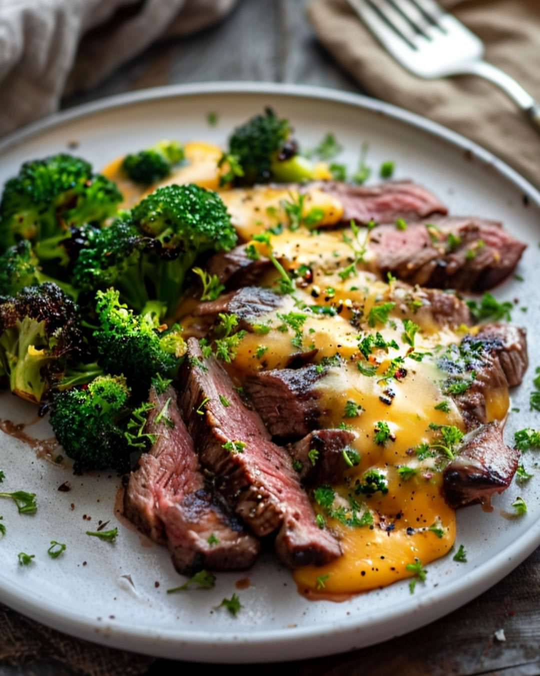 Rumpsteak mit Brokkoli und Cheddar Sauce 1 Rumpsteak mit Brokkoli und Cheddar Sauce
